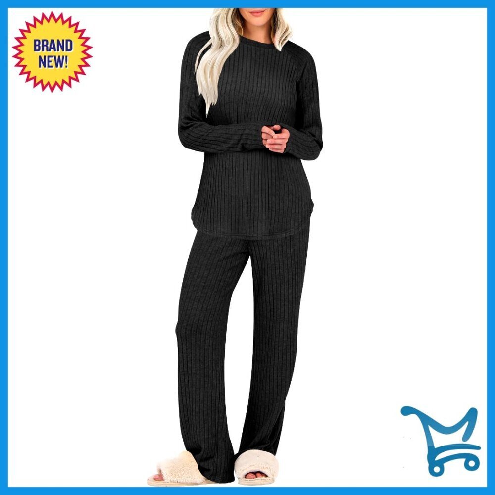 Ribbed Knit Lounge Set Long Sleeve Tunic Matching Pants Soft Comfort Sleepwear